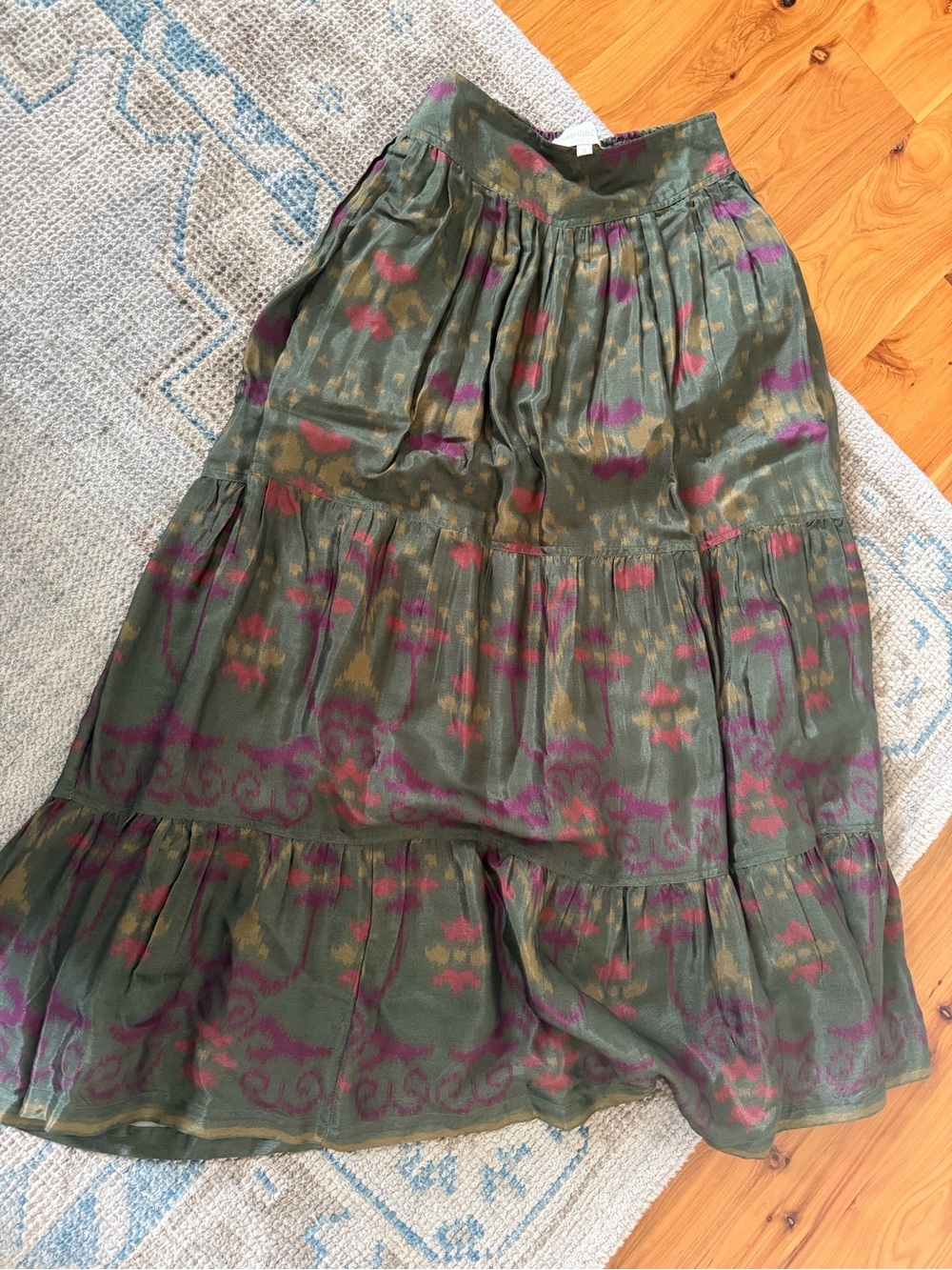 Olive Tiered Maxi Skirt with Pink Accent